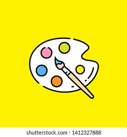 Paint Palette Line Icon. Paintbrush And Artist Color Palette Graphic Isolated On Yellow Background. Vector Illustration.