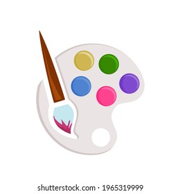 Paint palette and paintbrush, There are many colors in the palette.Vector illustration isolated on white background.Art supplies.