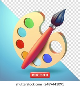 Paint palette and painting brush, 3d vector. suitable for design elements