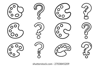 Paint Palette and Question Mark Line Icon Set – Artistic Drawing Tools, Creativity Symbols, Help Icons, Minimal Outline Style Graphic Pack for Design, Education, and Digital Illustration