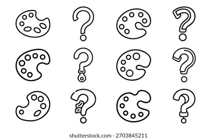 Paint Palette and Question Mark Line Icon Set – Artistic Drawing Tools, Creativity Symbols, Help Icons, Minimal Outline Style Graphic Pack for Design, Education, and Digital Illustration