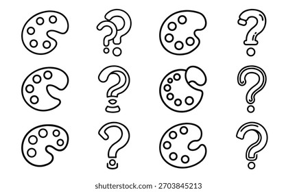 Paleta de pintura e conjunto de ícones de linha de ponto de interrogação - Ferramentas de desenho artístico, símbolos de criatividade, ícones de ajuda, estilo de contorno mínimo Pacote gráfico para design, educação e ilustração digital