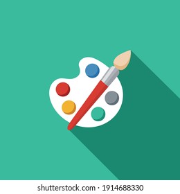 paint pallete and brush isolated icon, Arts Flat Design School Supplies Icon with Side Shadow, Art Tool Icon Flat Graphic Design