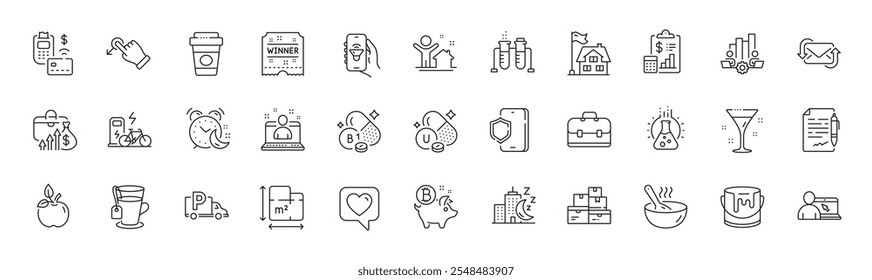 Ícones de Linha de Pintura, Proteção telefônica e Planta de chão. Pacote de Coração, Alarme, Ícone de edifício. Pos terminal, Eco food, pictograma do copo de química. Melhor gerente, Nova casa, Educação online. Vetor