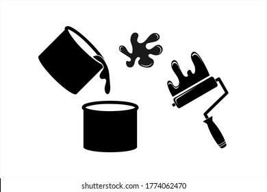 Paint is pouring from a bucket and roller with drop isolated on white. Icons for construction and repair. Vector stock illustration. EPS 10