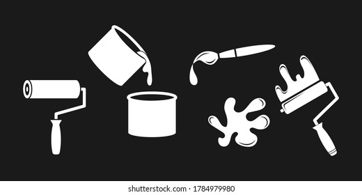 La pintura está cayendo de un cubo y un rodillo con gota. Iconos para construcción y reparación. Ilustración de material vectorial. EPS 10