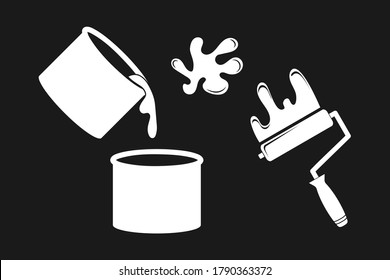 Paint is pouring from a bucket and roller with drop. Icons for construction and repair. Vector stock illustration. EPS 10