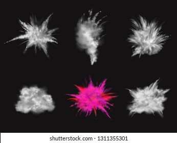 Paint powder, dust or flour frozen motion explosions realistic vector set isolated on white background. Holi festival colorful pigment or dye splashes, hindu spring celebration decor design elements