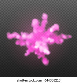 Paint powder explosion isolated on transparent background. vector illustration. Pink dust, particles explode for celebration holi. Realistic volumetric smoke or fog. 