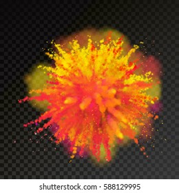 Paint powder explosion on transparent background. Red, Orange, Yellow and Purple dust explode for celebration or Holi festival holiday design element