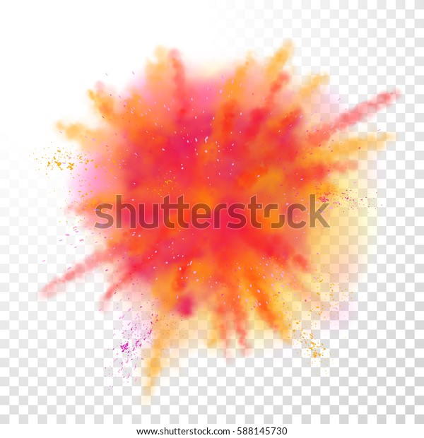 透明背景上的油漆粉爆炸。 橙色与黄色和红色的灰尘爆炸庆祝或洒红 