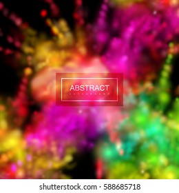Paint powder smoky explosion. Vector illustration of colorful dust splashes. Vibrant explosive cloud. Visual effect design. Indian spring Holi festival decoration.