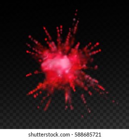 Paint powder smoky explosion. Vector illustration of red dust splash on checkered transparent background. Vibrant explosive cloud. Visual effect design.
