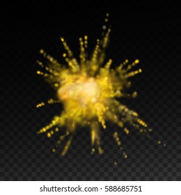 Paint powder smoky explosion. Vector illustration of yellow colorful dust splash on checkered transparent background. Vibrant explosive cloud. Visual effect concept for game design