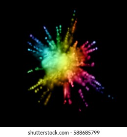 Paint powder smoky explosion. Vector illustration of rainbow colorful dust splash. Vibrant explosive iridescent cloud. Visual effect design. Gay party invitation decoration concept.