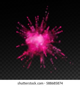 Paint powder smoky explosion. Vector illustration of pink colorful dust splash on checkered transparent background. Vibrant explosive cloud. Visual effect concept for game design