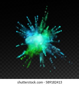 Paint powder smoky explosion. Vector illustration of colorful dust splash on checkered transparent background. Vibrant explosive cloud. Visual effect design