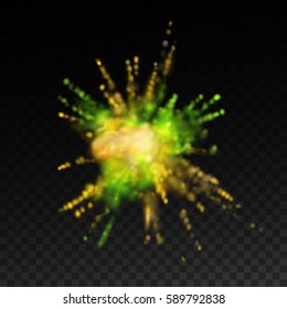 Paint powder smoky explosion. Vector illustration of colorful dust splash on checkered transparent background. Vibrant explosive cloud. Visual effect design