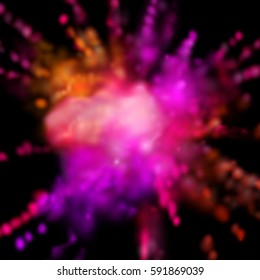 Paint powder smoky explosion. Vector illustration of colorful dust splashes. Vibrant explosive cloud. Visual effect design. Indian spring Holi festival decoration