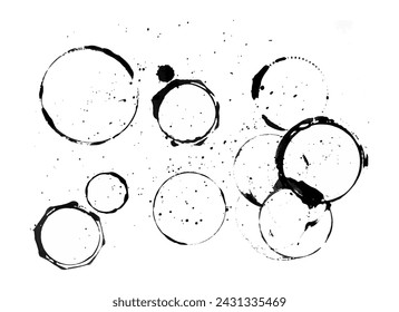 Pinta estampados de vasos y tazas con salpicaduras de pintura. Ilustración vectorial para textura, fondo. Pintura negra salpicaduras aisladas sobre fondo blanco. Impresiones de forma redonda