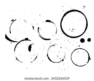 Paint prints round shapes with paint splashes. Vector illustration for texture, background. Black paint isolated splashes on white background. Prints of glasses and cups