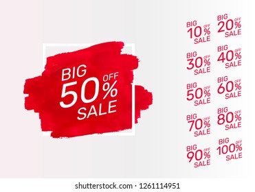 Paint red banner, collection off with share discount percentage. Vector illustration