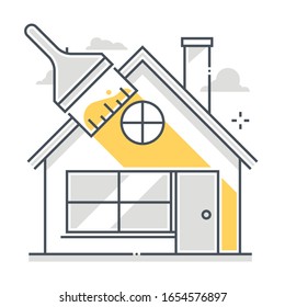 Icono vectorial de línea de color relacionado con la pintura, ilustración. El icono es sobre cepillo, casa, fuera, pared, arreglo, color. La composición es infinitamente escalable.