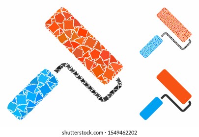 Paint roll composition of tremulant items in various sizes and color hues, based on paint roll icon. Vector abrupt items are composed into collage. Paint roll icons collage with dotted pattern.