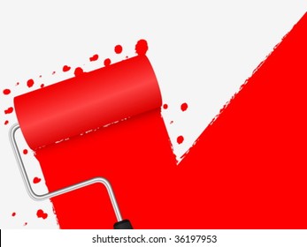 Paint roller applying red paint to a grey wall.