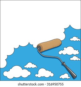 Paint roller art - blue and white background in cartoon style, with clouds