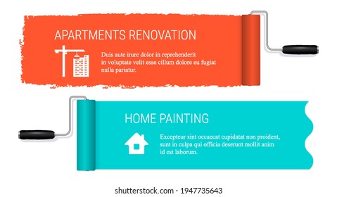 Paint roller banners. Home painting. Apartment renovation and home painting banner template. Vector illustration isolated on white.