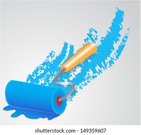 Paint roller, blue color. Vector illustration. 