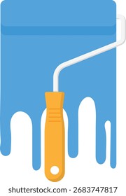 Rodillo de pintura con ilustración plana de pintura azul. Elemento de diseño de icono limpio sobre fondo transparente aislado
