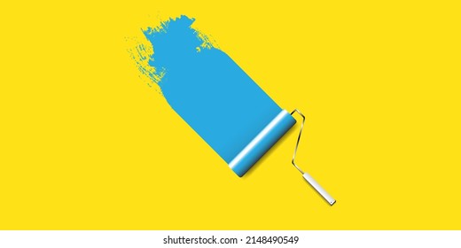 Paint roller with blue stroke on yellow background. Vector EPS 10