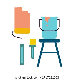 Pintura y rodillo, una cubeta de pintura. Ilustración vectorial plana.