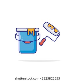 Dibujar la ilustración del icono del pincel de rodillos y del vector del cubo aislado en el fondo blanco. Diseño sencillo de dibujos animados planos. Concepto de herramienta de desarrollo. Perfecto para banner, volante, pegatinas, páginas web de aterrizaje