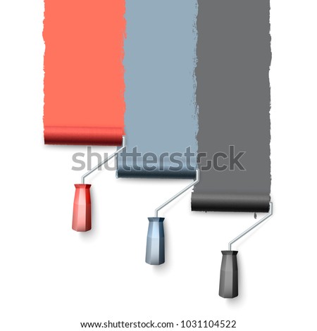 Paint roller brush. Colorful paint texture when painting with a roller. Three rollers paint the wall one by one. Vector illustration isolated on white background