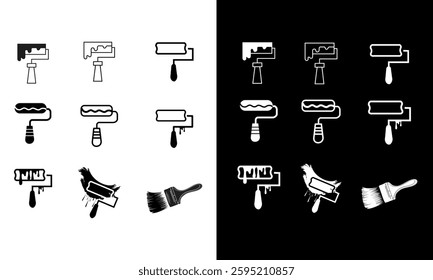 Paint roller brush icon set. Simple Set of Brushes and Painting Related Vector Line Icons. Paint brush silhouette icon on black and white background. Hand drawn doodle Simple Set of Brushes.