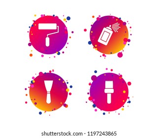 Paint roller, brush icons. Spray can and Spatula signs. Wall repair tool and painting symbol. Gradient circle buttons with icons. Random dots design. Vector