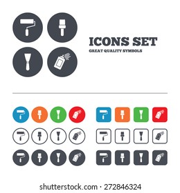Paint roller, brush icons. Spray can and Spatula signs. Wall repair tool and painting symbol. Web buttons set. Circles and squares templates. Vector