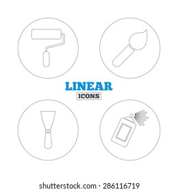 Paint roller, brush icons. Spray can and Spatula signs. Wall repair tool and painting symbol. Linear outline web icons. Vector