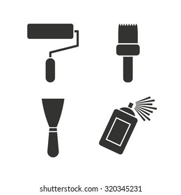 Paint roller, brush icons. Spray can and Spatula signs. Wall repair tool and painting symbol. Flat icons on white. Vector