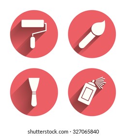 Paint roller, brush icons. Spray can and Spatula signs. Wall repair tool and painting symbol. Pink circles flat buttons with shadow. Vector