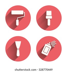 Paint roller, brush icons. Spray can and Spatula signs. Wall repair tool and painting symbol. Pink circles flat buttons with shadow. Vector
