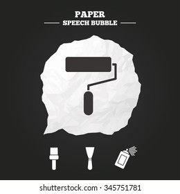 Paint roller, brush icons. Spray can and Spatula signs. Wall repair tool and painting symbol. Paper speech bubble with icon.