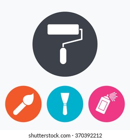 Paint roller, brush icons. Spray can and Spatula signs. Wall repair tool and painting symbol. Circle flat buttons with icon.