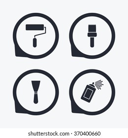 Paint roller, brush icons. Spray can and Spatula signs. Wall repair tool and painting symbol. Flat icon pointers.