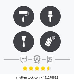 Paint roller, brush icons. Spray can and Spatula signs. Wall repair tool and painting symbol. Chat, award medal and report linear icons. Star vote ranking. Vector