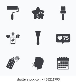 Paint roller, brush icons. Spray can and Spatula signs. Wall repair tool and painting symbol. Flat talking head, calendar icons. Stars, like counter icons. Vector