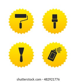 Paint roller, brush icons. Spray can and Spatula signs. Wall repair tool and painting symbol. Yellow stars labels with flat icons. Vector